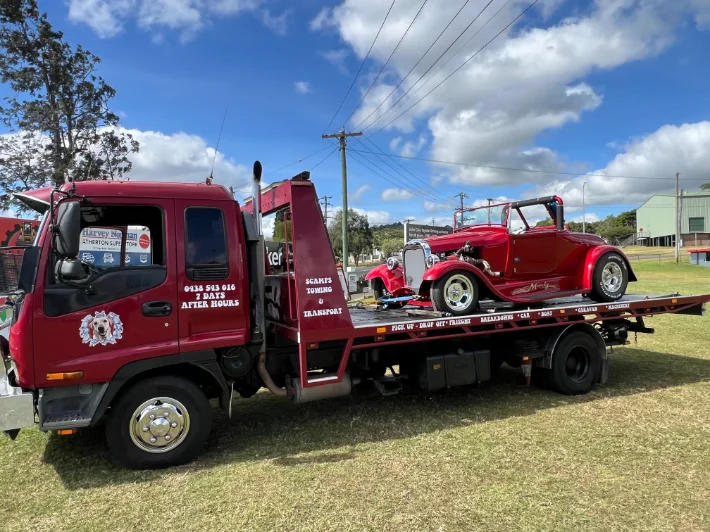 Classic red hot rod on red tow truck, Atherton Tablelands